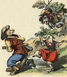 عند رؤية الذئب ، هرب السيد فوكس ، تاركًا ليتل شيفريت في خطر. رسم توضيحي لحكاية "Bon Medor and Little Chevrette" ". في "" حكايات من المنزل للصغار "". نقش مجهول من القرن التاسع عشر. بواسطة فنان غير معروف