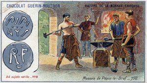 سلسلة تاريخ دار السك الفرنسية التي نشرتها Chocolat Guérin Boutron. الطباعة الحجرية الملونة في القرن التاسع عشر. عملة بيبين الموجز في 752 بواسطة فنان غير معروف
