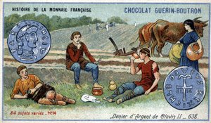 سلسلة تاريخ دار السك الفرنسية التي نشرتها Chocolat Guérin Boutron. الطباعة الحجرية الملونة في القرن التاسع عشر. المنكر الفضي لكلوفيس الثاني عام 638 بواسطة فنان غير معروف