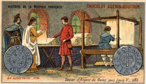 سلسلة تاريخ دار السك الفرنسية التي نشرتها Chocolat Guérin Boutron. الطباعة الحجرية الملونة في القرن التاسع عشر. المنكر الفضي لريمس تحت حكم لويس الخامس عام 986 بواسطة فنان غير معروف