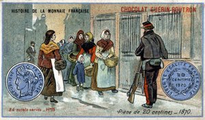 سلسلة تاريخ دار السك الفرنسية التي نشرتها Chocolat Guérin Boutron. الطباعة الحجرية الملونة في القرن التاسع عشر. 20 سنتا عملة في عام 1870 بواسطة فنان غير معروف