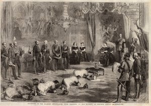 زحف سفراء صيام إلى الملكة فيكتوريا إيري (1819-1901) والأمير ألبرت (1819-1861) أثناء زيارتهم لقلعة وندسور. نقش في "" أخبار لندن المصورة "بتاريخ ٥ ديسمبر ١٨٥٧. بواسطة فنان غير معروف