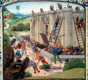 حصار بريست (1386 م). صورة مصغرة في "" Chronicles "" لجين فرويسارت (Folio 116v) بواسطة فنان غير معروف