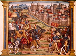 حصار مدينة بالقنابل: لويس الحادي عشر ضد Liegeois. تأخذ المنمنمة من مخطوطة "Les epitaphes des feux kings Louis XIth من هذا الاسم ومن تشارلز ابنه الثامن بهذا الاسم هذا الإله absoe" " بواسطة فنان غير معروف