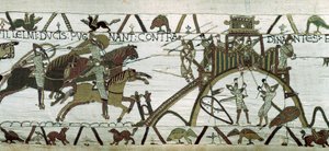حصار مدينة دينان (كوت دي أرمور): هاجم جيش ويليام الفاتح (1028-1087) قبقاب المدينة. تفاصيل من نسيج بايو أو تطريز الملكة ماتيلد بواسطة فنان غير معروف