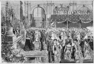الزفاف الفضي لملك وملكة السويد والنرويج ، أوسكار الثاني (1829-1907) وصوفي دي ناسو (1836-1913) ، 6 يونيو 1882. نقش في "" العالم المصور "" رقم 1316 بتاريخ 17 يونيو 1882. بواسطة فنان غير معروف