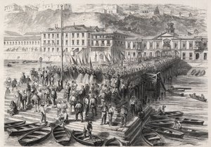 حرب أمريكا الجنوبية الإسبانية بين تشيلي وإسبانيا ، سبتمبر 1865: سيدات فالبارايسو ، في وجود السرب الإسباني الذي يغلق الميناء ، يغنون الترانيم الوطنية - نقش في "" العالم المصور " بواسطة فنان غير معروف