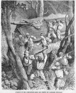 ستانلي في إفريقيا - رحلة ستانلي الاستكشافية إلى وسط إفريقيا 1874-1877: مسيرة عبر الغابة - نقش خشبي بعد رسم لهوراس كاستيلي (1825-1889). بواسطة فنان غير معروف