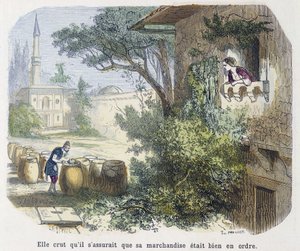 الحكاية: "" كانت تعتقد أنه كان يتأكد من أن بضاعته مرتبة "" - في "" ألف ليلة وليلة "، محرر. إميل غيران ، رواه إم دي بونديت ، باريس ، nd بواسطة فنان غير معروف