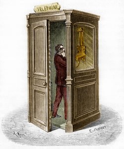 كشك الهاتف عام 1888. نقش في "مجلة الشباب" بواسطة فنان غير معروف