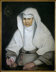 الأخت الصيدلانية بيريت مونيه (1557-1628) من فندق ديو دي بون. يمثل بقذيفة هاون ويده بمدقة. لوحة مجهولة ، زيت على قماش بواسطة فنان غير معروف