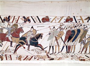 معركة هاستينغز ، التي انتصر فيها ويليام الأول الفاتح (1027-1087) في 14/10/1066 والتي توفي خلالها الملك هارولد الثاني ملك إنجلترا (1022-1066). نسيج بايو ، المعروف بتطريز الملكة ماتيلد بواسطة فنان غير معروف