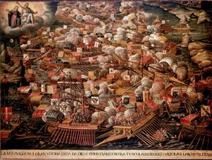 عارضت معركة ليبانت قبالة سواحل اليونان قوات إسبانية وفينيسية وبابا على العثمانيين في عام 1571. لوحة مجهولة. القرن السادس عشر. متحف البندقية كورير بواسطة فنان غير معروف