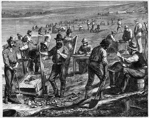 The Diamond Fields at the Cape - Washing for Diamonds - غسل الماس في جنوب إفريقيا في القرن التاسع عشر. بواسطة فنان غير معروف