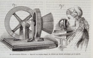 مقياس فونومتر Edison - الجهاز الذي بواسطته يتم الحصول على عمل ميكانيكي عن طريق الكلام في "الطبيعة" 1878. بواسطة فنان غير معروف