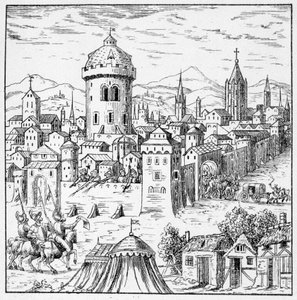 The Huguenots at Amboise حيث كان الملك فرانسوا الثاني (Conjuration of Amboise) - في "" مجموعة من 39 شخصية تمثل نكبات فرنسا من 1562 إلى 1586 "" ؛ مطبعة لويس بيرين بواسطة فنان غير معروف