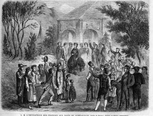 إمبراطورة الفرنسية أوجيني دي مونتيجو (1826-1920) في حمامات شوالباخ (دوشي من ناسو ، اليوم في ألمانيا). نقش في "الكون اللامع" بواسطة فنان غير معروف