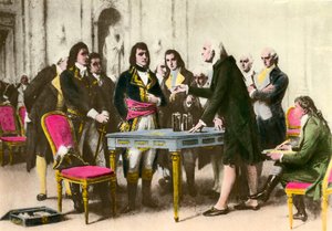يقدم الفيزيائي الإيطالي أليساندرو (ألكسندر) فولتا (1745-1827) كومة له إلى نابليون بونابرت. 1801 مجموعة خاصة بواسطة فنان غير معروف