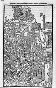 فرسان رودس (وسام فرسان القديس يوحنا القدس) يهاجمون رود آيلاند في "Rhodiorum Historia" بقلم Guilelmus Caorsin ، Ulmae ، Joh. Reger 24 أكتوبر بواسطة فنان غير معروف