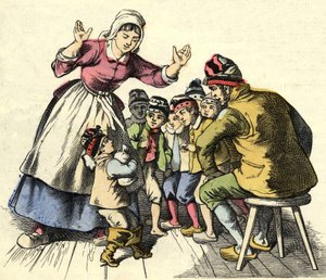 يعود The Little Poulet وإخوته إلى المنزل إلى والديه. رسم توضيحي لحكاية "Le Pepetit Poucet" للكاتب تشارلز بيرولت بواسطة فنان غير معروف