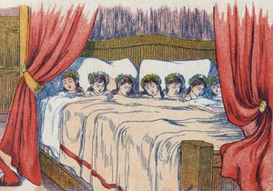 ينام الإبهام الصغير وإخوته ويتوج في رأسه. رسم توضيحي لـ "Le Pepetit poucet" ، حكاية تشارلز بيرولت (1628-1703) ، الكاتب الفرنسي. توضيح مجهول. الصور مارسيل فاني ، جارفيل نانسي ، بدون تاريخ (أواخر القرن التاسع عشر). بواسطة فنان غير معروف