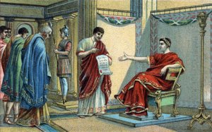 أنشأ الإمبراطور الروماني قسطنطين (272-337) القوانين الدينية الأولى المتعلقة بالمساواة في المعتقدات. الطباعة الحجرية الملونة في أواخر القرن التاسع عشر. بواسطة فنان غير معروف