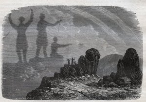 شبح Brocken في جبال Harz - طيف Brocken أو طيف Brocken - نقش من عام 1877 بواسطة فنان غير معروف