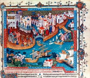غادر المستكشف الفينيسي ماركو بولو مدينة البندقية مع والده وعمه عام 1271: توجه إلى الشرق الأقصى واتخذ طريق الحرير المصغر. بواسطة فنان غير معروف