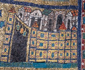 رؤية القدس السماوية: تفاصيل القدس ممثلة في اقتباس محصن. فسيفساء حوالي عام 830. قوس النصر في كنيسة سانتا براسيدي ، روما بواسطة فنان غير معروف
