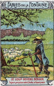 أصبح الذئب برجر - أساطير لجين دي لافونتين (1621-95) - الطباعة الحجرية الملونة في نهاية القرن التاسع عشر المجموعة الخاصة بواسطة فنان غير معروف