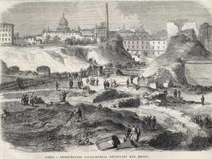 اكتشف المدرج جالو رومان في شارع مونج في باريس عام 1870 ، اليوم Arenes de Lutèce. نقش القرن التاسع عشر. بواسطة فنان غير معروف