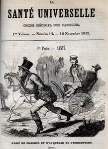 فن فقدان الوزن وزيادة الوزن: رجل يمشي بينما يتم نقل آخر في عربة - نقش في "La Sante Universelle - Guide Medical des Familles" "1852 بواسطة فنان غير معروف