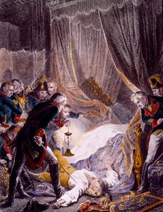 اغتيال بول بتروفيتش (1754-1801) القيصر الروسي في غرفته بقصر سان ميخائيل بعد إجباره على التوقيع على تنازله عن العرش. نقش حوالي عام 1801. مجموعة خاصة بواسطة فنان غير معروف