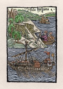 النباح في هيسبانيولا لكريستوفر كولومبوس (1451-1506). نقش من "" De insulis in mare Indico super Inventis "" ، بايل 1493-1494 (الترجمة اللاتينية لتقرير كولومبوس إلى ملك إسبانيا). بواسطة فنان غير معروف