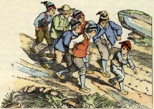 يتبع الأخوان بولت الصغير الذي زرع الحصى البيضاء في الطريق. رسم توضيحي لحكاية "Le Pepetit Poucet" للكاتب تشارلز بيرولت بواسطة فنان غير معروف