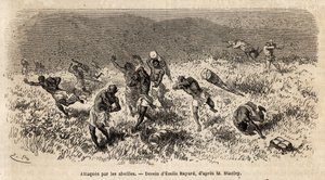 تعرضت قافلة حاملات حملة هنري مورتون ستانلي (1841-1904) على طريق ميسونغي (شرق إفريقيا) لهجوم من قبل سحابة من النحل. نقش لتوضيح رحلة البحث عن ليفينغستون ، في وسط أفريقيا ، بواسطة هنري ستانلي ، مراسل بواسطة فنان غير معروف