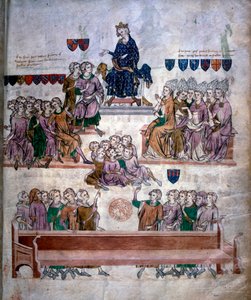 قضية روبرت الثالث دارتوا (1287-1342) بحضور الملك فيليب السادس ملك فالوا (1293-1350) حوالي عام 1329 الذي أدى به إلى فقدان عدته وإلى المنفى المصغر المأخوذ من مخطوطة من القرن الرابع عشر مئة عام. بي إن باريس بواسطة فنان غير معروف