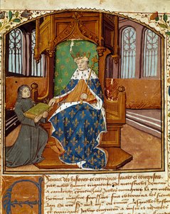 يتبرع كاتب العمود Enguerrand de Monstrelet (1400-1453) بكتابه للملك تشارلز السابع (1403-1467) منمنمات من "Chronicles d