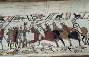 غزو إنجلترا من قبل دوق نورماندي ويليام الفاتح (1027-1087) عام 1066: مشهد معركة هاستينغز ضد المشاة النورمانديين لسلاح الفرسان الساكسوني تفاصيل نسيج بايو أو تطريز الملكة ماتيلد بواسطة فنان غير معروف