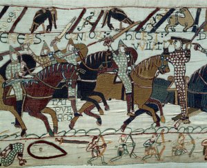 غزو إنجلترا من قبل جيش دوق نورماندي ويليام الفاتح (1027-1087): تم التعرف على الدوق غيوم من قبل جنوده برفع خوذته خلال معركة هاستينغز تفاصيل نسيج بايو أو تطريز الملكة ماتيلد بواسطة فنان غير معروف