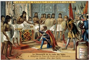 اكتشاف مسار جزر الهند: استقبال Samudrin of Calicut ل Vasco da Gama ، نهاية مايو 1498 - إعلان المقالة القصيرة Liébig بواسطة فنان غير معروف