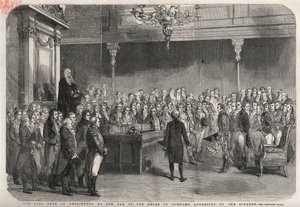 يقف دوق ويلينجتون (آرثر ويليسلي (1769-1852) (دوق ويلينجتون) في حانة مجلس العموم لتلقي تهنئة رئيس مجلس النواب بفوزه في فيميرو ، حرب شبه الجزيرة بواسطة فنان غير معروف