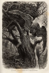 النسر يحمي عشه من الدخيل. نقش لتوضيح قصة Quatre mois en Florida ، بقلم M.Pousselgue ، في 1851-1852 ، نُشر في "" le tour du monde "، تحت إشراف D'Edouard Charton ، Hachette ، Paris 1869.Selva Collection. بواسطة فنان غير معروف