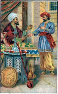 التفاحة المسحورة. تاريخ الأمير أحمد ورسوم Paris-Banou (Pari Banou) (Paribanu). حكاية 1001 ليلة (حكايات الألف ليلة وليلة). الطباعة الحجرية الملونة في أواخر القرن التاسع عشر. بواسطة فنان غير معروف
