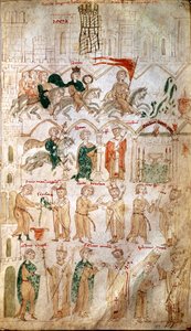 دخول هنري السادس من الإمبراطورية المقدسة (1165-1197) إلى روما وتتويجه كإمبراطور في 14/4/1191 من قبل البابا سلستين الثالث. إبولي) - (مجلد المخطوطات ١٢٠ ، الصفحة ١٠٥) برجربيبلي من القرن الثالث عشر بواسطة فنان غير معروف