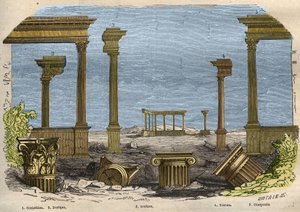 الطلبيات الخمسة للهندسة المعمارية الكلاسيكية (القديمة): الكورنثية ، والدوريك ، والأيوني ، والتوسكان ، والمركب ، ويمثل كل منها عمودًا. نقش من 1857 في "" Le Musee Des Sciences "" بواسطة فنان غير معروف