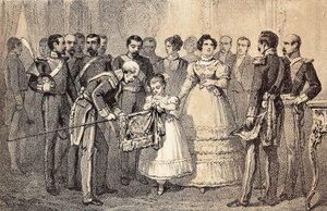 ملكة إسبانيا المستقبلية إيزابيلا الثانية (إيزابيلا من بوربون) (1830-1904) (إيزابيل الثانية من إسبانيا) تزين علم سبيرز حرس وسام القديس فرديناند (سان فرناندو). ليثوجراف. بواسطة فنان غير معروف