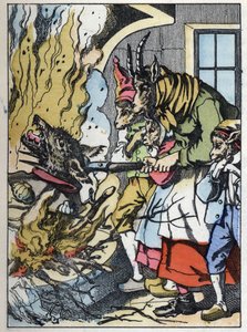 الماعز تقتل الذئب في المدخنة. رسم توضيحي لحكاية "Compere le Loup، Maitre Renard، Comere la Chevre et ses petits biquets" "بعد حكاية جان دو لا فونتين. في "" حكايات من المنزل للصغار "". نقش مجهول من 19t بواسطة فنان غير معروف