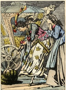 حسن رسم اليقطين في عربة أمام عيون سندريلا. رسم توضيحي لقصة تشارلز بيرولت "Cinderella or La petite slipper de verre" بواسطة فنان غير معروف