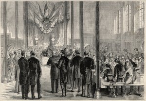 الأمير الإمبراطوري يوجين لويس جوزيف (1856-1879) يحضر مأدبة القديس شارلمان (القديس شارلمان) في باريس ، في ليسيه بونابرت (ثم ليسيه كوندورسيه). نقش في "الكون اللامع" بواسطة فنان غير معروف